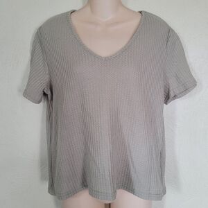 SHEIN Tan-Green Waffle Knit Solid Short Sleeve V-neck T-shirt Size Women's Large